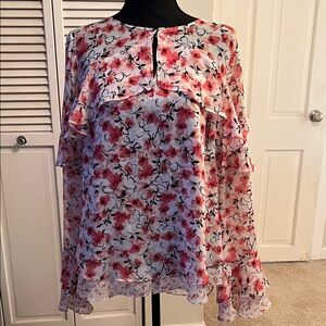 White House Black Market Floral Ruffle Blouse - Pink and White